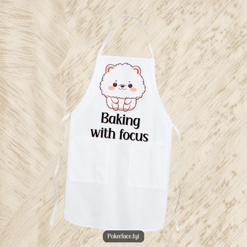 Funny apron featuring a fluffy animal character in complete stillness with no emotion, adding humorous, calm focus to kitchen tasks.