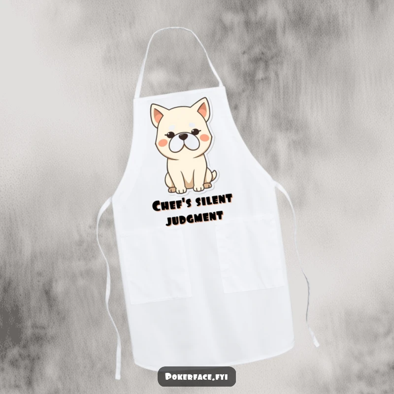Funny dog apron featuring a stoic dog character with a blank, unmoving expression, ideal for humorous kitchen adventures.