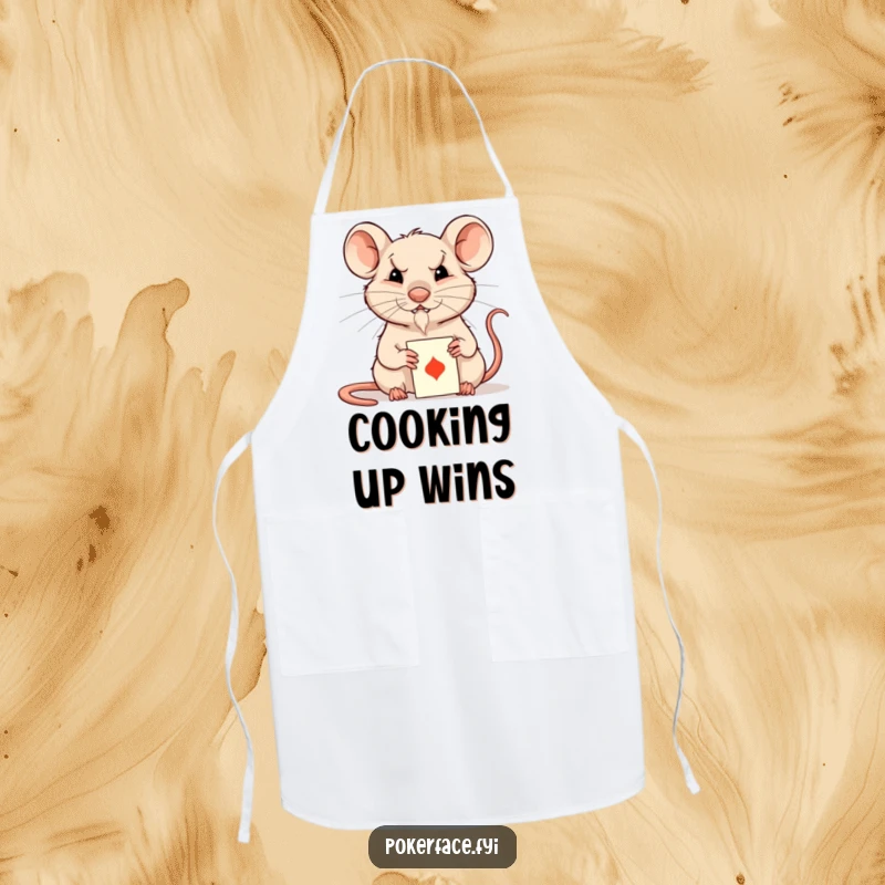 Funny Rat Apron: Composed rat character with an unreadable expression playing a card, ideal for kitchen secrecy.