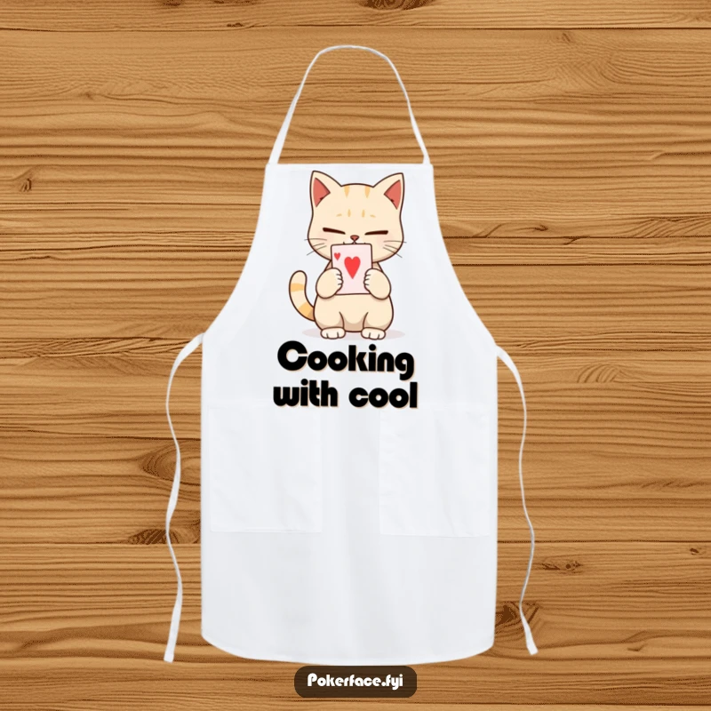 Funny apron showcasing a calm cat with no expression, holding a playing card, perfect for kitchen duties with serene humor.