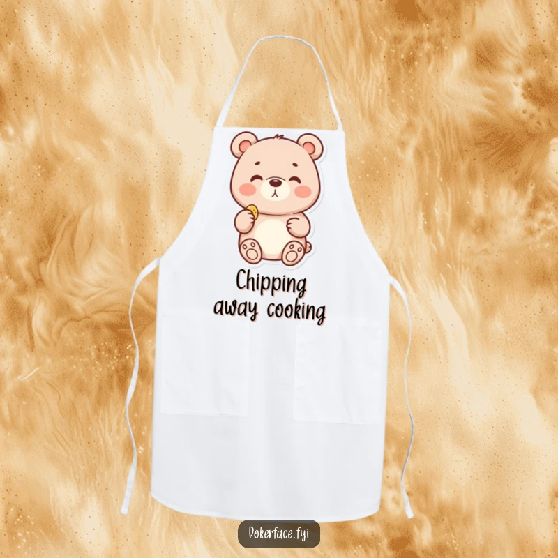 Funny apron showcasing a delighted bear with a neutral face holding a tiny chip, ideal for adding snack-time fun.