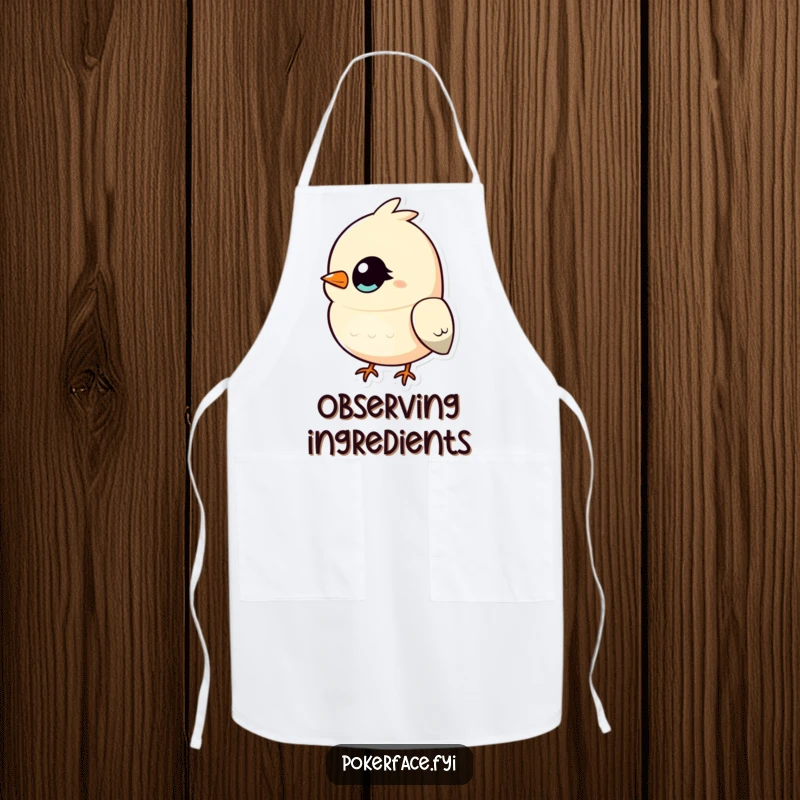 Funny Bird Apron showcasing a bird with a single, unblinking eye, ready for cooking with hilarious focus, an ideal gift for cooks.