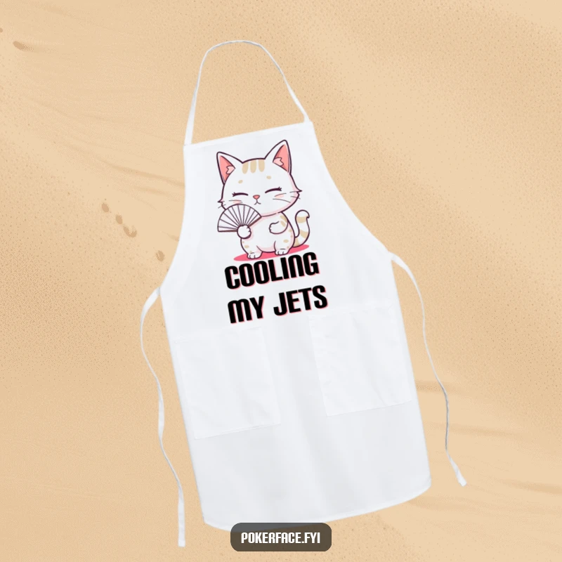 Funny apron featuring a cat with a blank expression holding a fan, designed for humorous kitchen adventures.