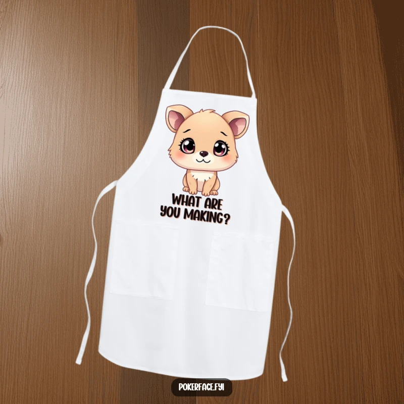 Funny Apron featuring a curious animal character with unreadable eyes, perfect for a mysterious chef and a funny gift.