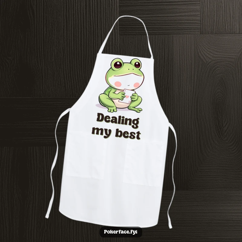 Funny Frog Apron: Still frog character playing cards, ideal for kitchen duty with a calm attitude.