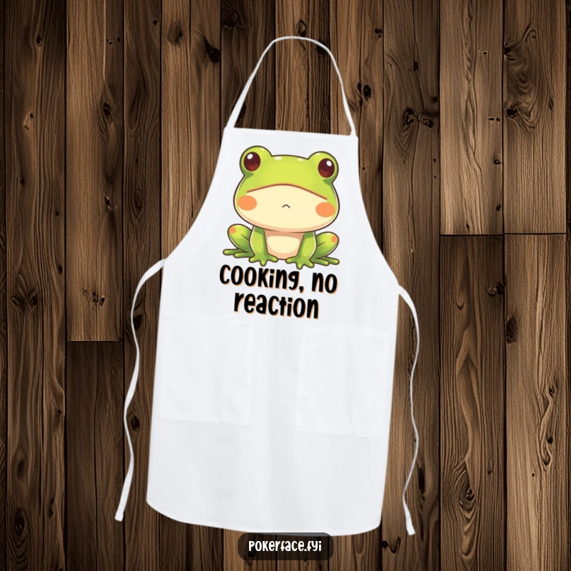 Funny Frog Apron showcasing an impassive frog chef, ready for culinary tasks with hilarious deadpan style, making it an ideal gift for cooks.