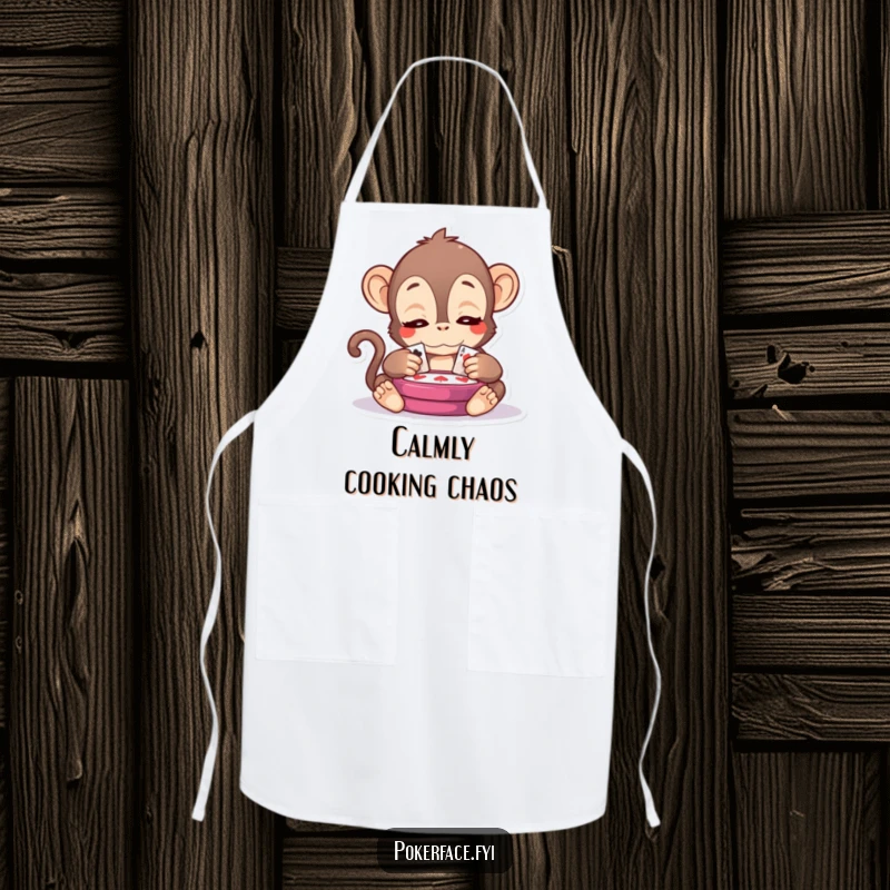 Funny Kawaii Monkey Apron: A kawaii monkey with serene eyes observing a card game, adding a touch of calm humor to your kitchen attire.