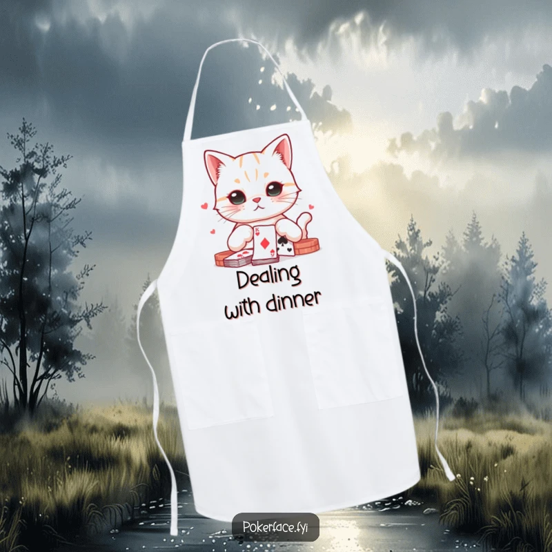 Funny cat with a neutral expression playing cards on a practical kitchen apron, ideal for cooking and baking.