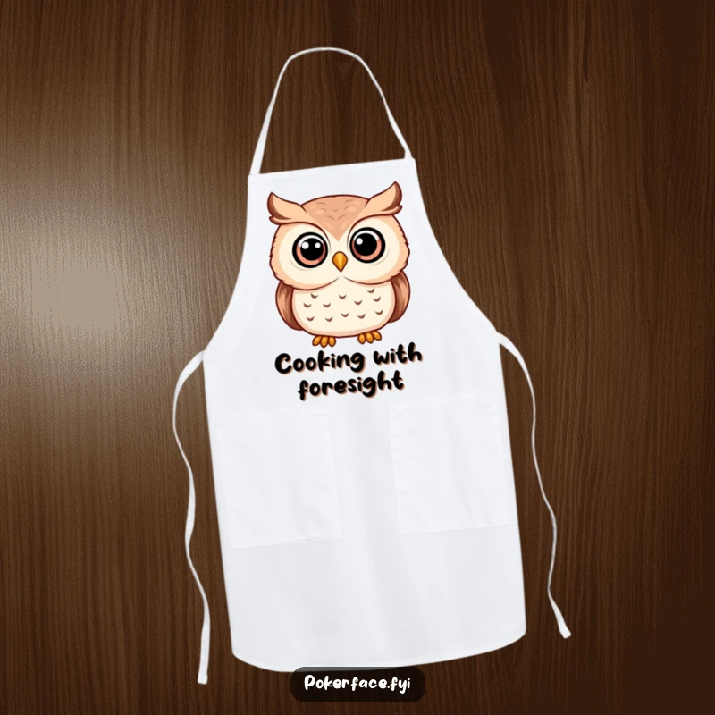 Funny serene owl apron showing an owl with wide, unwavering eyes, perfect for cooking with calm.