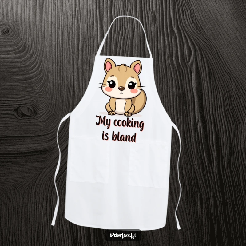 Funny Squirrel Apron displaying a character with a completely flat, unexpressive face, designed for comedic kitchen wear and cooking protection.