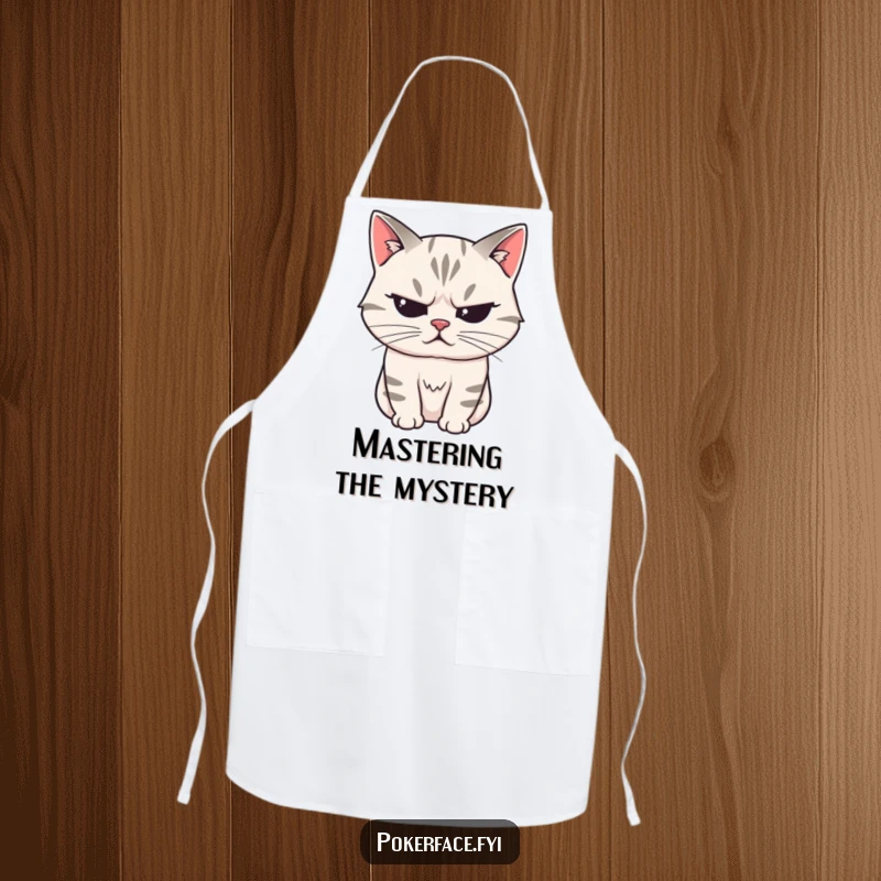 Funny Apron showcasing a stoic cat character with a perfectly unreadable expression, designed for mysterious cooking.