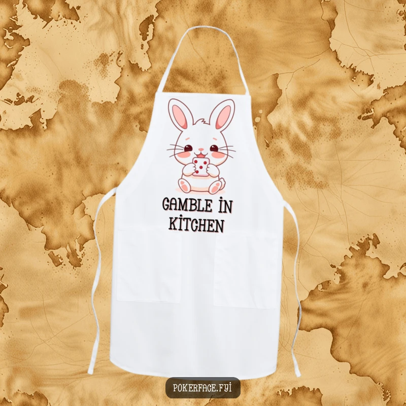 Funny apron featuring a happy rabbit with straight whiskers, holding a single die, perfect for adding lucky humor to cooking.