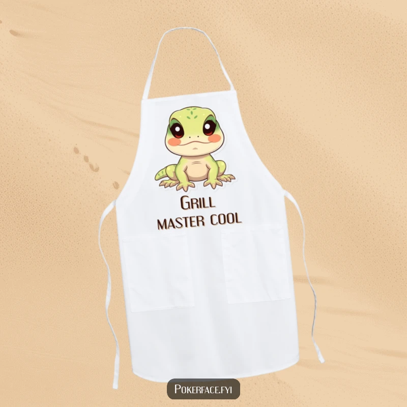 Funny lizard apron featuring a calm lizard character perfectly still with eyes forward, ideal for humorous cooking.