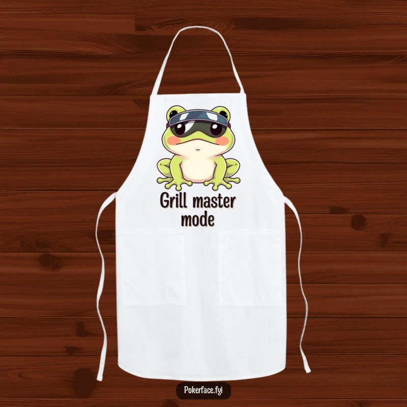 Funny Frog Visor Apron depicting a frog with a visor and a still face, ideal for humorous kitchen wear.