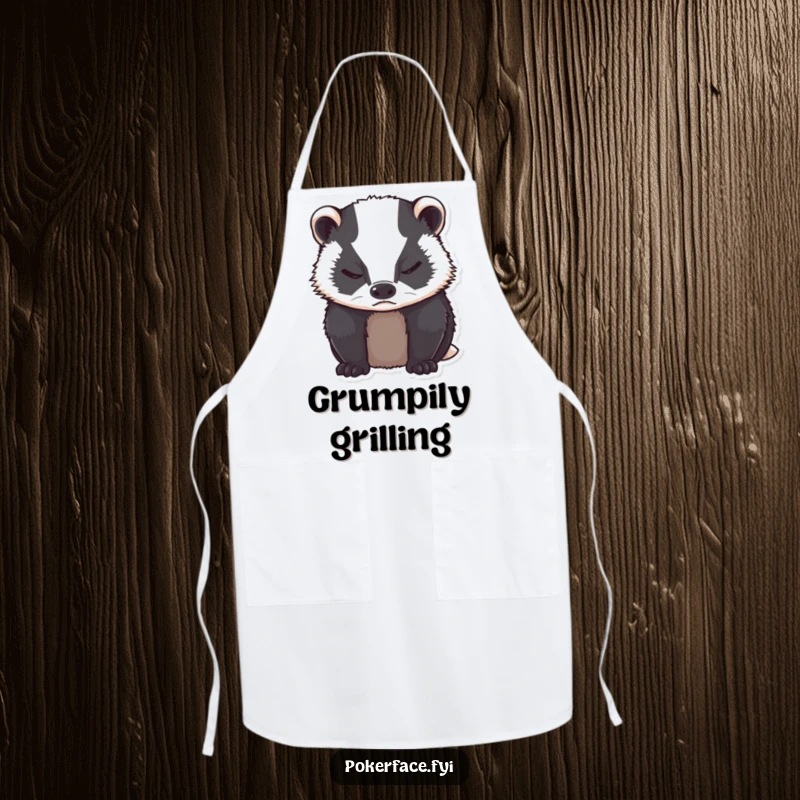 Funny grumpy badger with neutral expression, closed eyes on an apron.