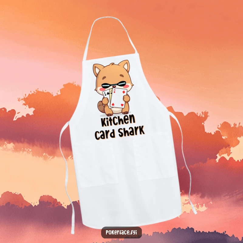 Funny Animal Card Apron showing a character holding a mystery card, perfect for a humorous cooking experience.
