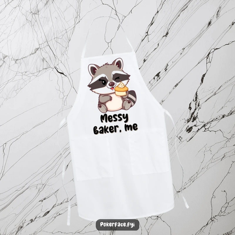 Funny mischievous raccoon winking, about to toss a tiny cream pie on an apron.