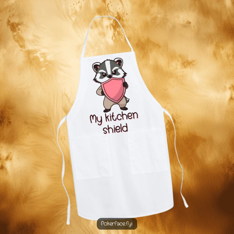 Funny Badger Shield Apron with a determined badger holding a shield and no expression, ideal for humorous kitchen wear.