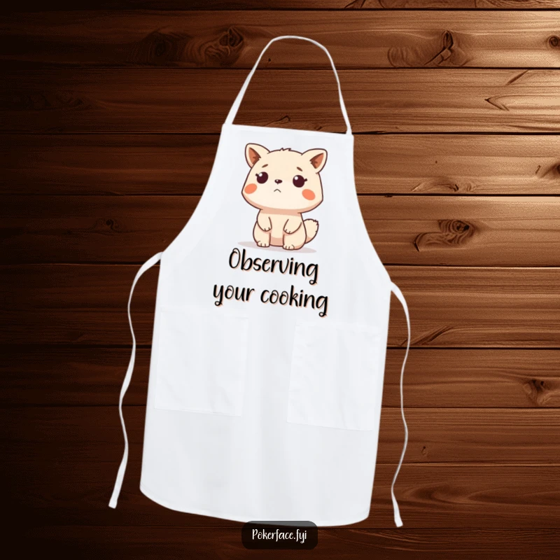 Funny Apron featuring a stoic animal character impassively overseeing kitchen duties, a functional and funny gift for cooks.