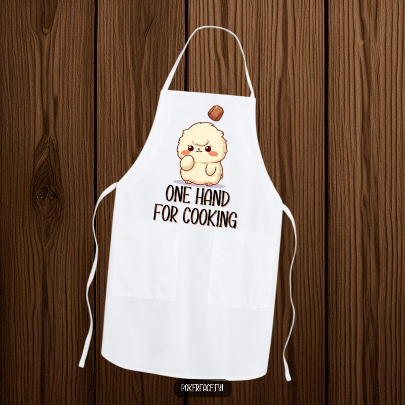 Funny Unbothered Creature Apron: Fluffy creature holding up a finger, unbothered by falling object, ready to bring funny calm to the kitchen.