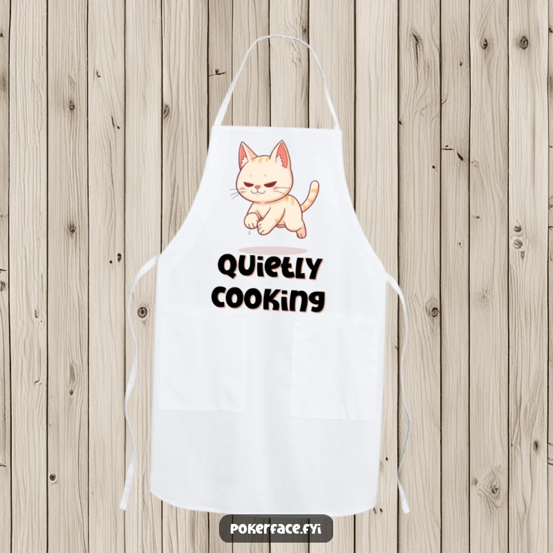 Funny stealthy cat tiptoeing slowly with sweat on brow on an apron.
