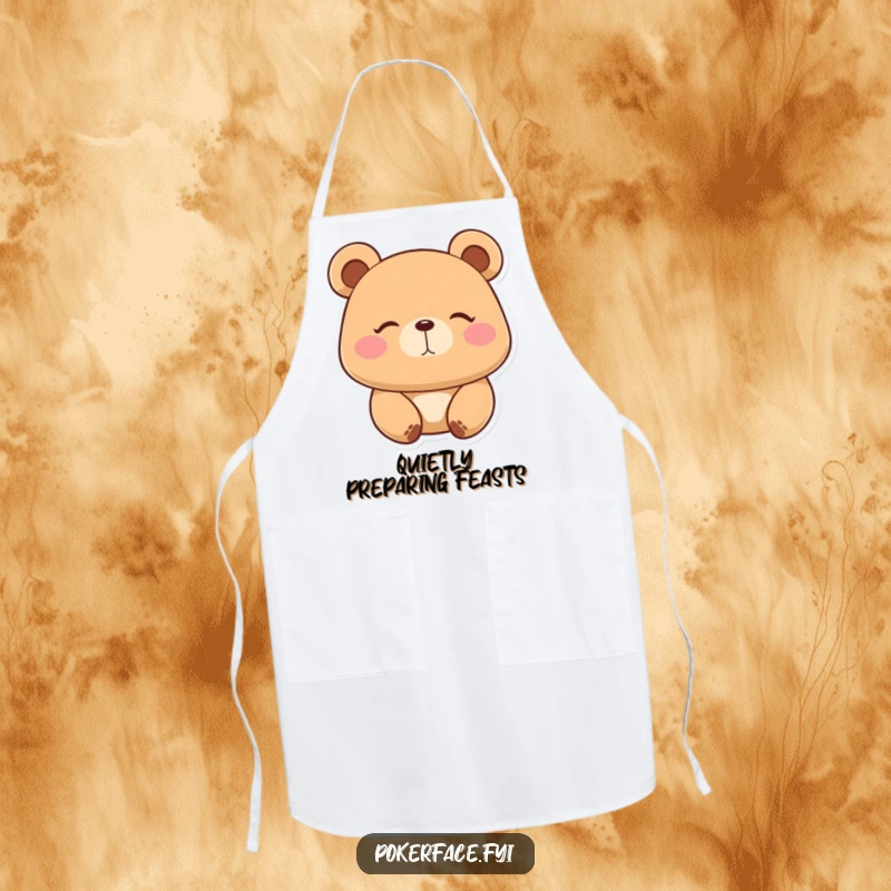 Funny Apron: Placid bear character with a perfectly still expression, hilariously promoting calm and zero-stress cooking in the kitchen.