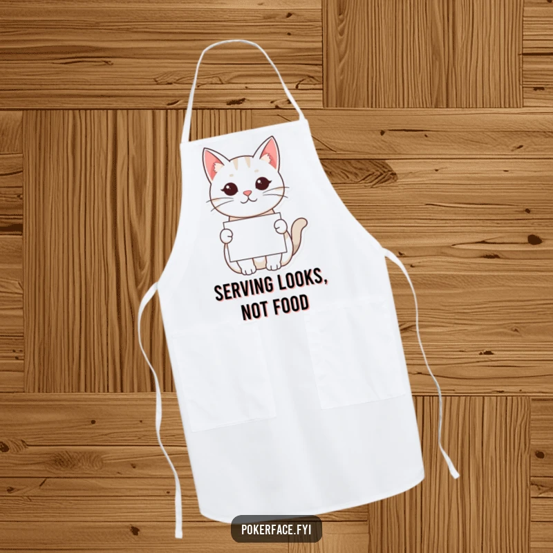 Funny Kawaii Cat Apron: A kawaii cat with a neutral face offering a card, adding a touch of subtle humor to your kitchen attire.