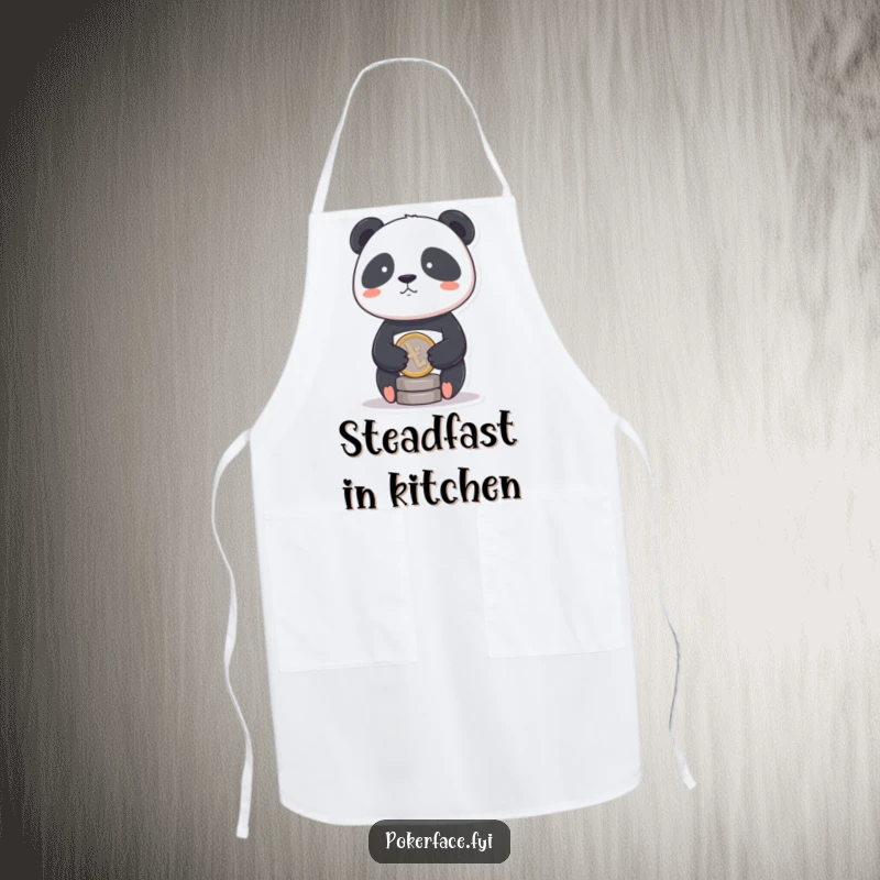 Funny Panda Coin Apron with a panda having a stoic face balancing a single coin, ideal for humorous kitchen wear.