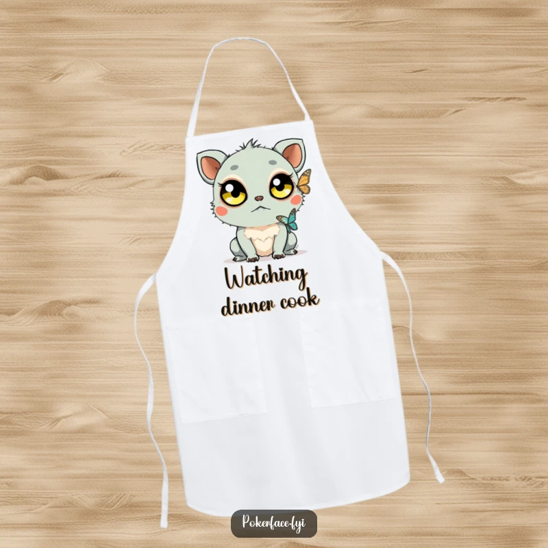 Funny Staring Creature Apron: Creature with large unblinking eyes watching a butterfly, ready to bring funny calm to the kitchen.