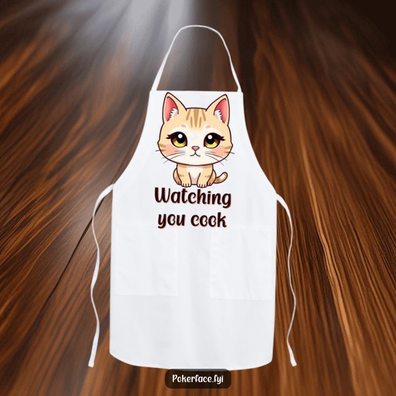 Funny apron design of a cat character with wide, unblinking eyes maintaining a direct, unwavering, and intense stare.