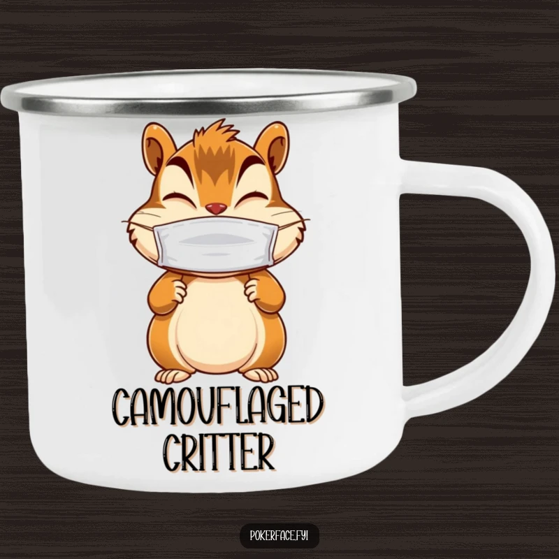 Funny camping mug featuring a giggling chipmunk character with still paws and a blank mask, ideal for enjoying drinks outdoors.