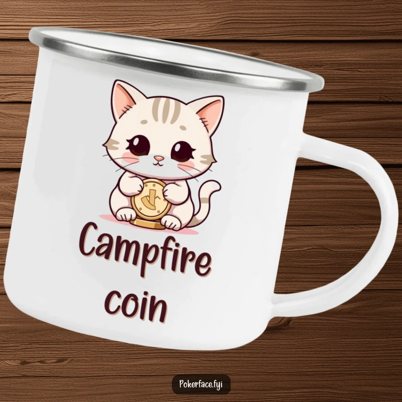 Funny camping mug featuring a smiling cat with neutral eyes, balancing a coin, ideal for enjoying drinks with zen humor.