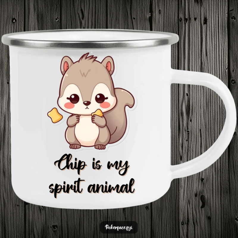 Funny Camping Mug: Kawaii squirrel with a vacant stare, holding a single chip, perfect for humorous outdoor excursions.
