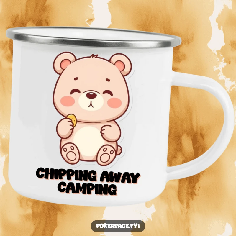 Funny camping mug showcasing a delighted bear with a neutral face holding a tiny chip, perfect for enjoying drinks outdoors.