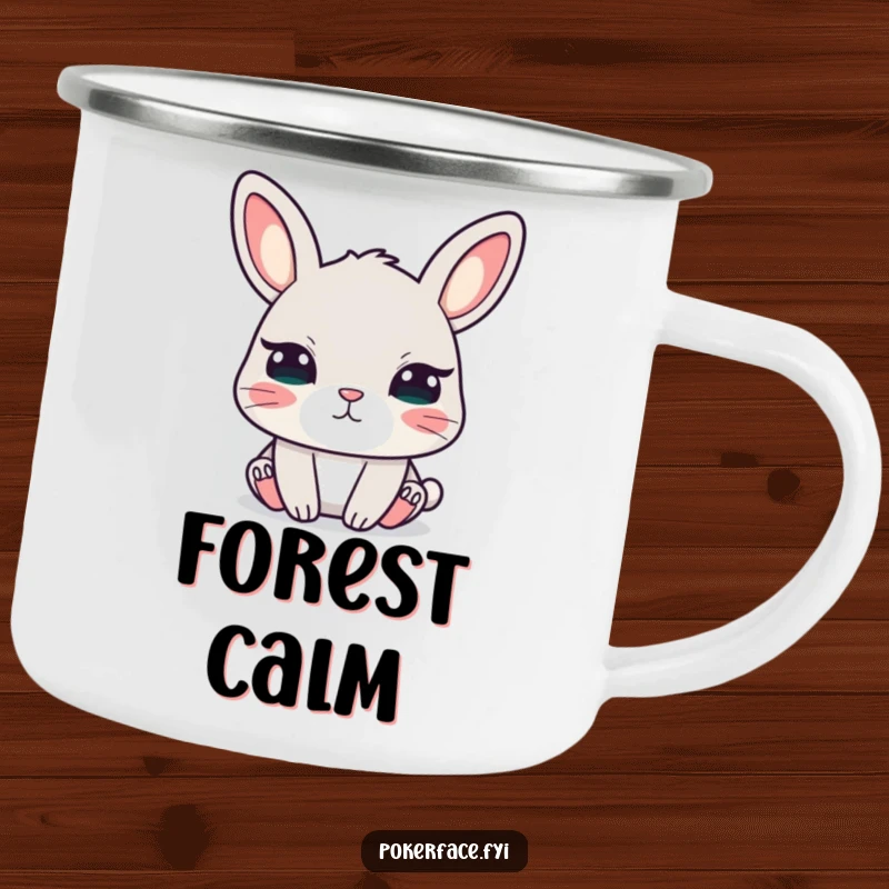 Funny camping mug with a calm rabbit and unblinking eyes, ideal for outdoor humor and quiet reflection.