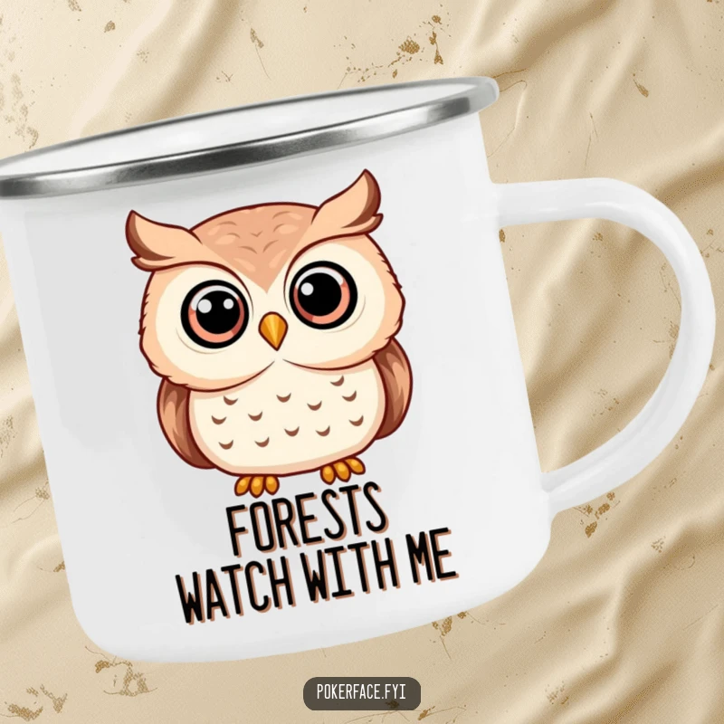 Funny serene owl camping mug with an owl character having wide, unwavering eyes, perfect for outdoor use.