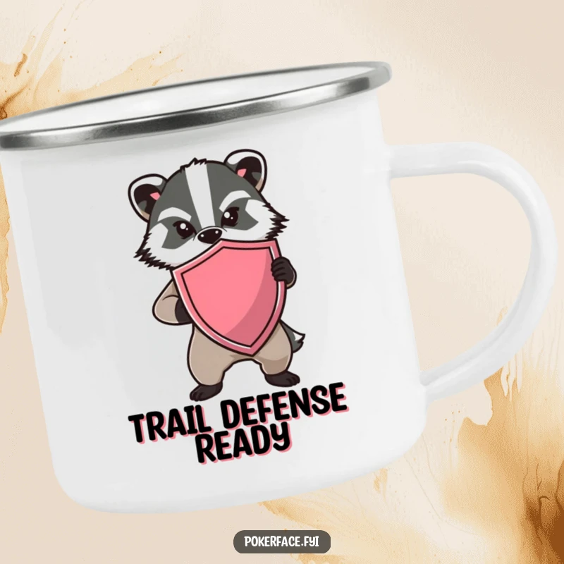 Funny Badger Shield Camping Mug showing a determined badger holding a shield with no expression, perfect for humorous outdoor sipping.