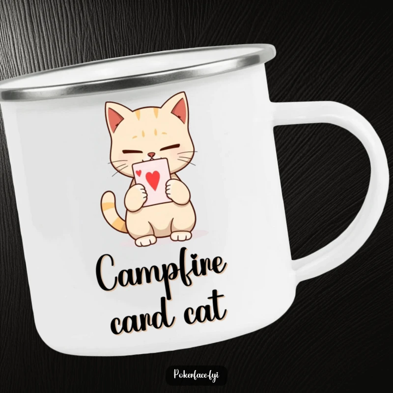 Funny camping mug depicting a calm cat with no expression, holding a playing card, ideal for outdoor drinks with serene humor.