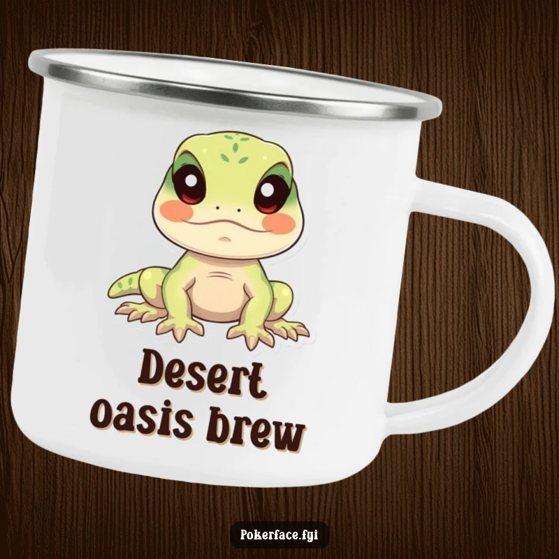 Funny lizard camping mug featuring a calm lizard character perfectly still with eyes forward, perfect for humorous camping.