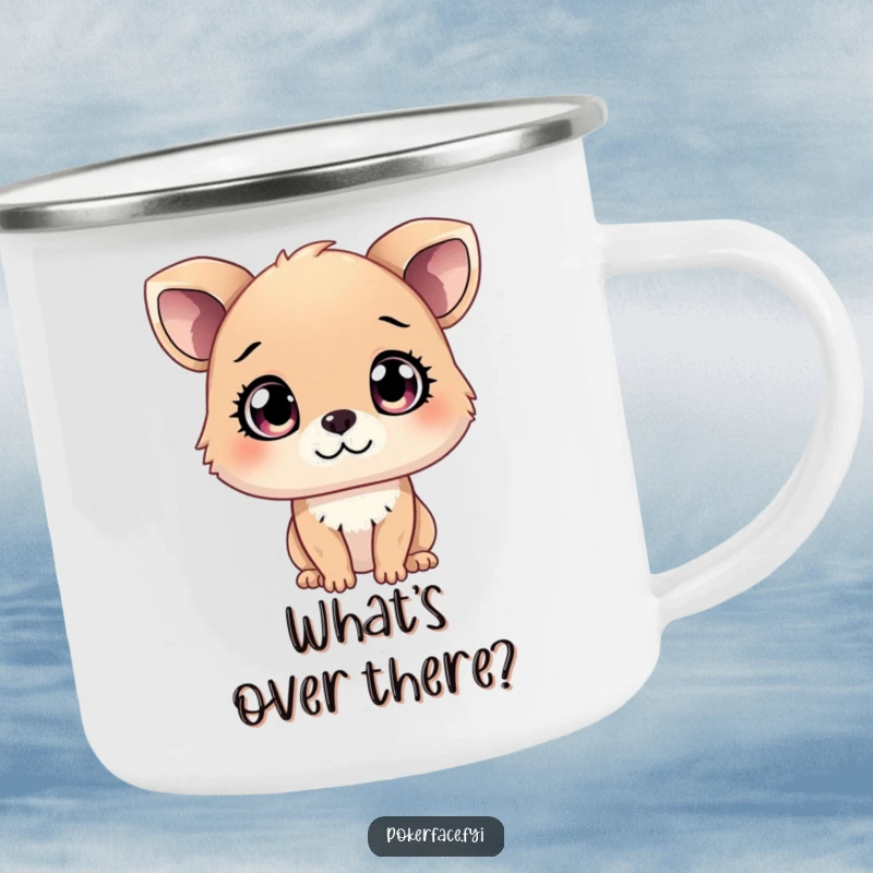 Funny Camping Mug featuring a curious animal character with mysterious eyes, ideal for outdoor adventures and a funny gift.