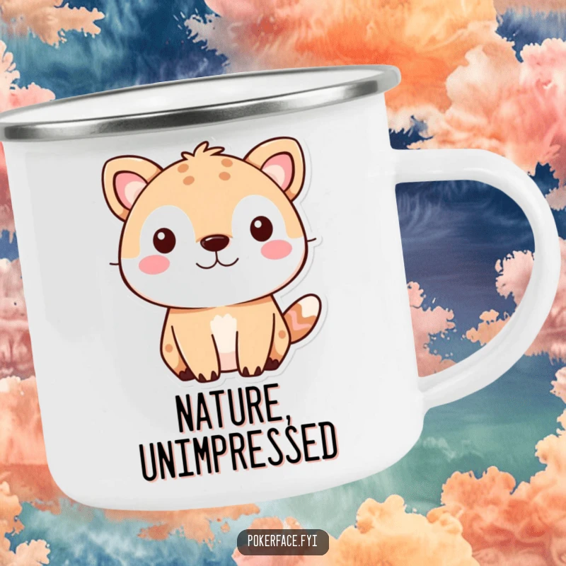 Funny cute animal camping mug featuring a pet with a neutral, unflappable expression, ready for any adventure.