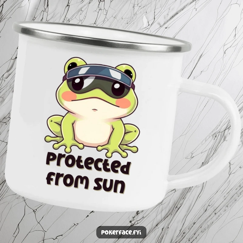 Funny Frog Visor Camping Mug showing a frog with a visor and a still face, perfect for humorous outdoor sipping.