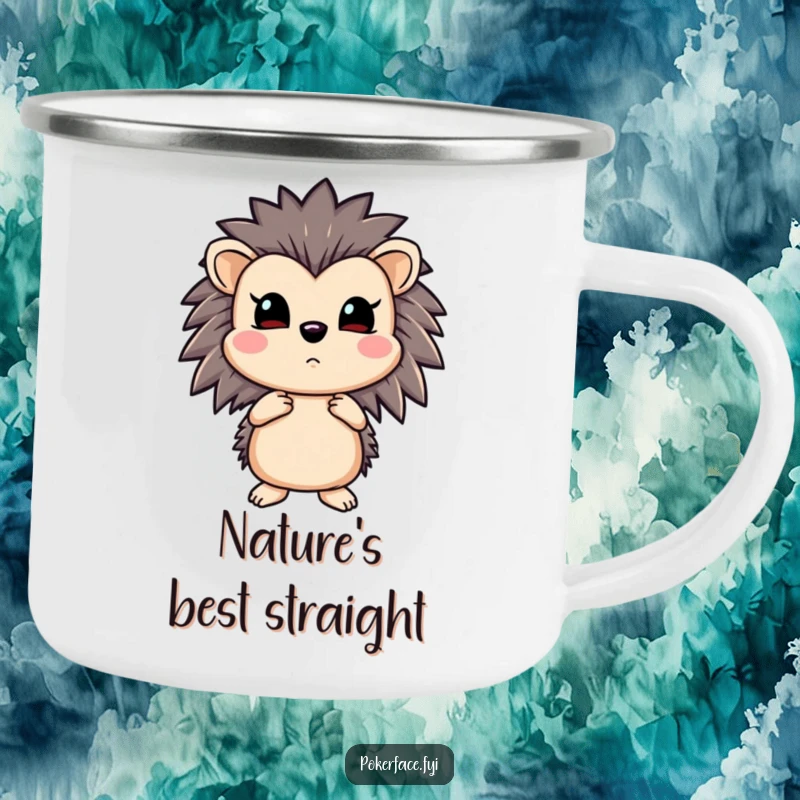 Funny hedgehog camping mug featuring a poker master hedgehog with a straight flush and an emotionless face, ready for the wild.