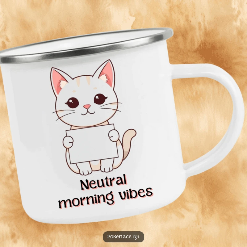 Funny Kawaii Cat Camping Mug: A kawaii cat with a neutral face offering a card, ready for mysterious sips on any adventure.