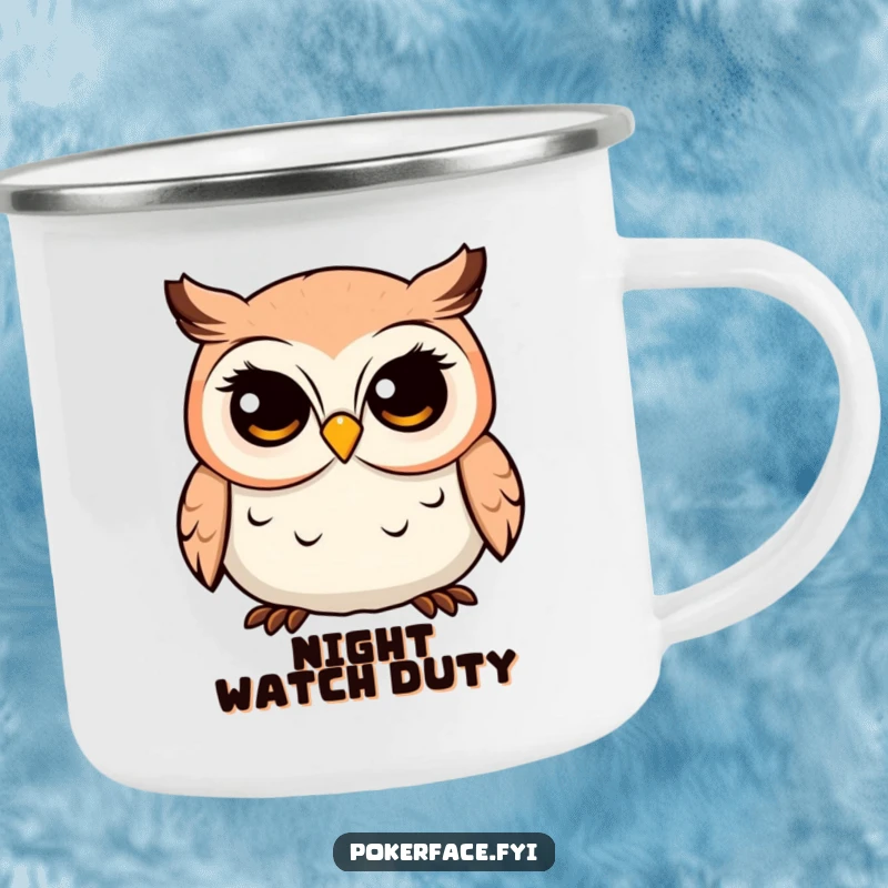 Funny Owl Camping Mug with a placid character showing a fixed, unwavering gaze, ideal for outdoor drinks with a humorous, wise twist.