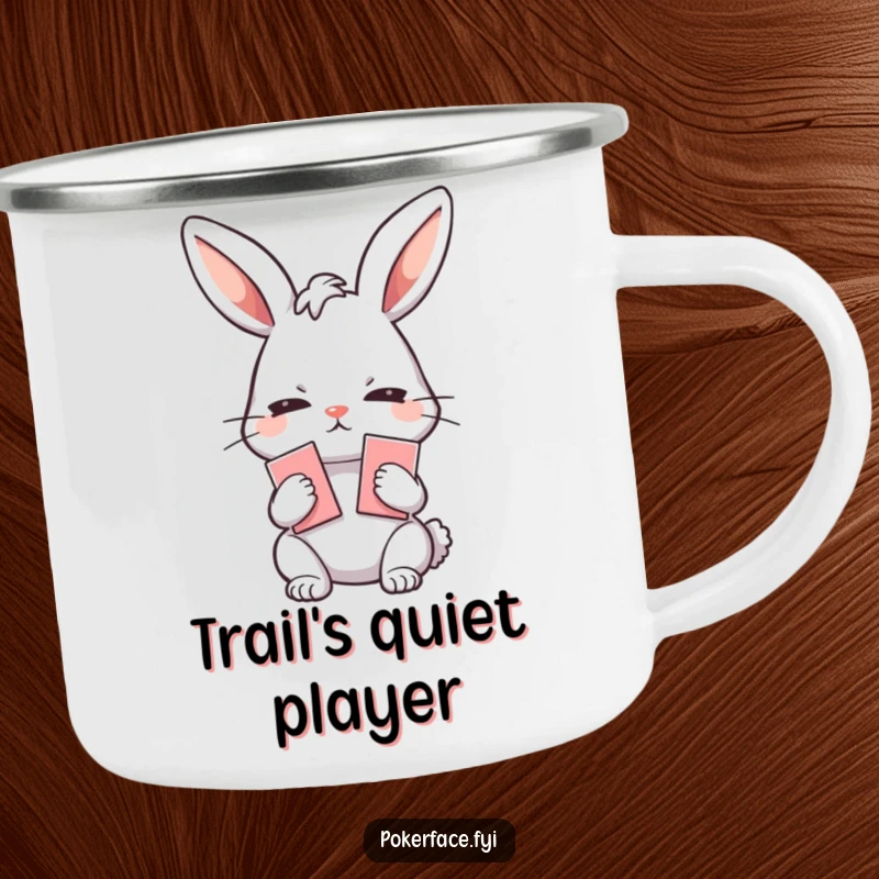 Funny Camping Mug: Emotionless rabbit holding playing cards, perfect for outdoor drinks with a dose of humorous poker face and calm.