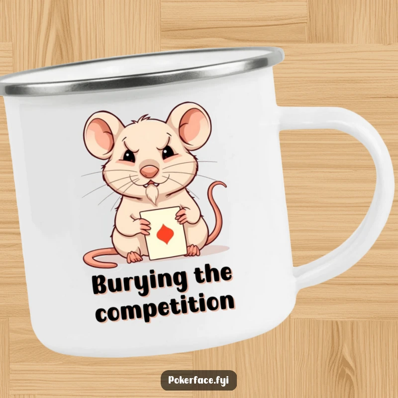 Funny Rat Camping Mug: Composed rat playing cards with an unreadable expression, sturdy for outdoor mystery.
