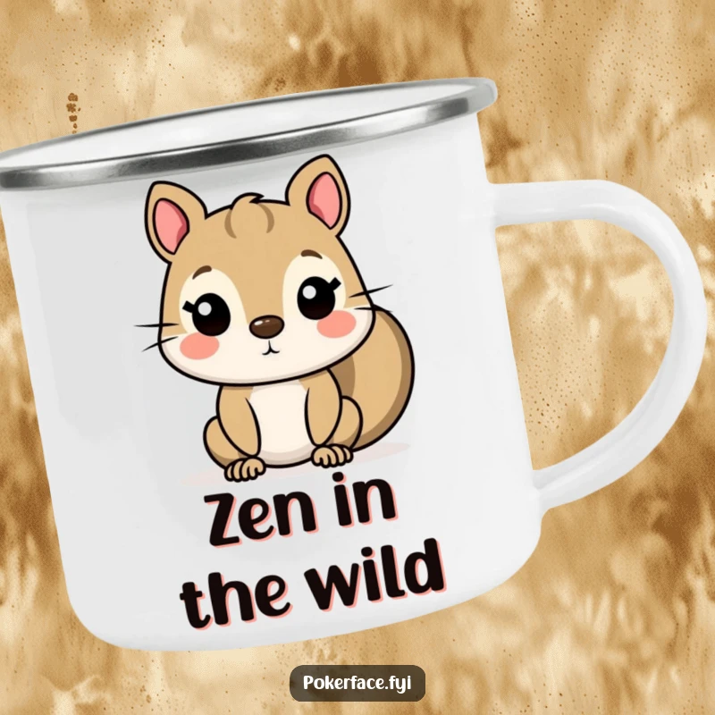 Funny Squirrel Camping Mug with a character showing a completely flat, unexpressive face, ideal for outdoor drinks with a humorous twist.