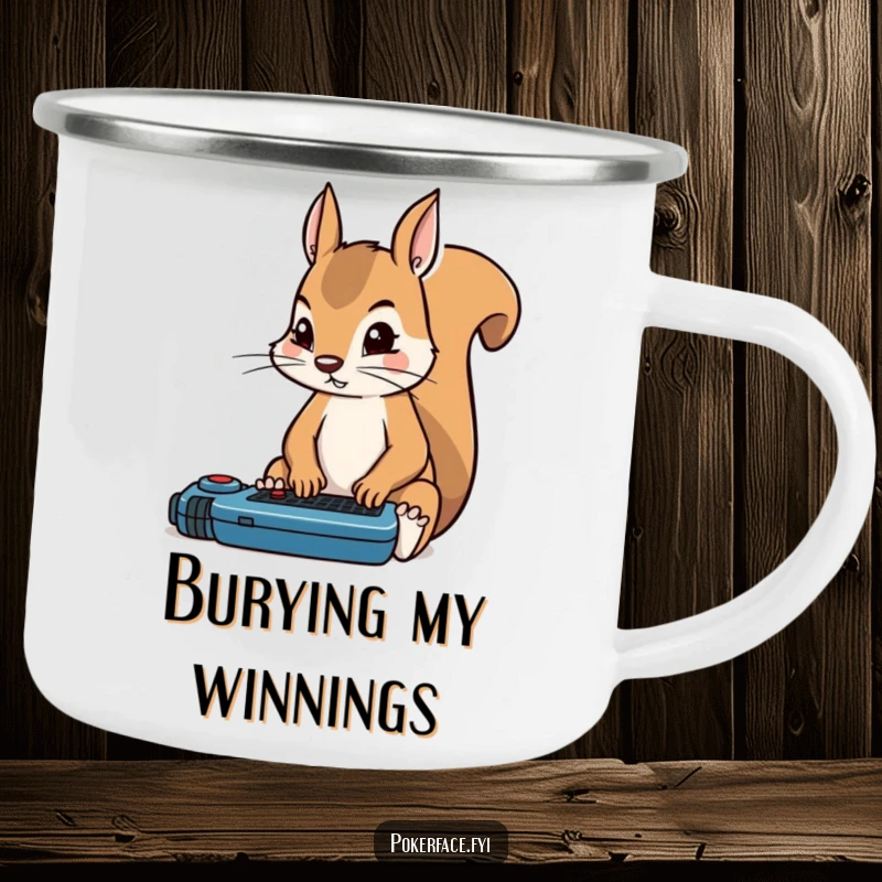 Funny squirrel camping mug featuring a poker player squirrel with rigid, intense focus on the game, ready for adventure.
