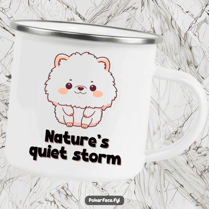 Funny camping mug with a fluffy animal character in complete stillness and no emotion, perfect for enjoying drinks with humorous calm.